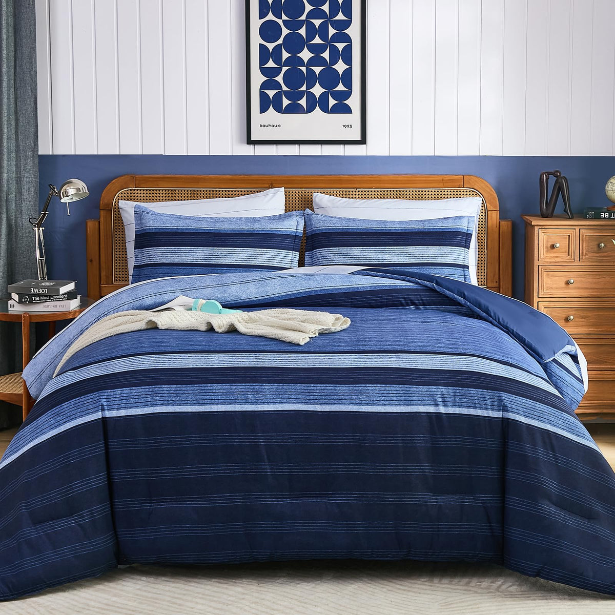 Navy Blue Comforter Set, 7 Pieces Striped Bed in a Bag