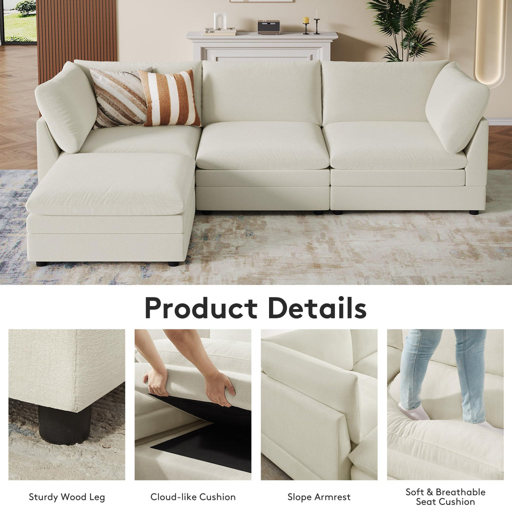 98" Large Cloud Modular Sectional Sofa with Ottoman, Beige Chenille