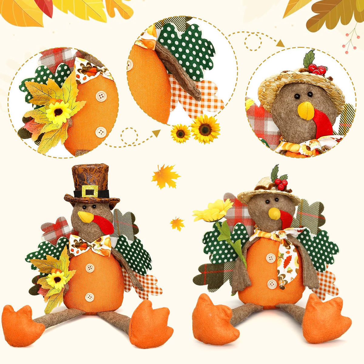 2 Pack Stuffed Animal Turkey Doll Thanksgiving Table Decoration