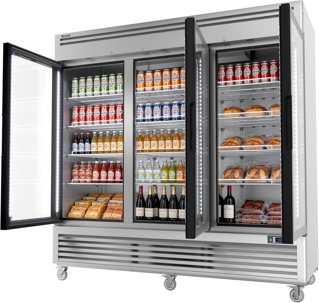 82" W 3-Door Commercial Beverage Refrigerator, 78.2 Cu.ft Glass Door Display Cooler Fridge