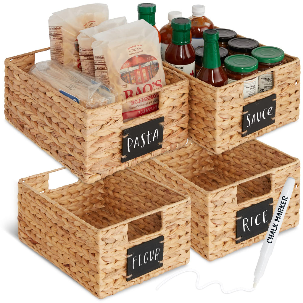 Set of 4 9x12in Water Hyacinth Pantry Baskets, Woven Organizers w/Chalkboard Label, Chalk Marker - Natural