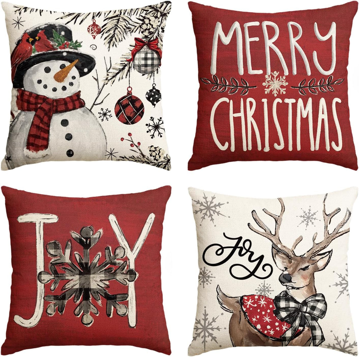 Joy Christmas Let It Snow Snowman Reindeer Throw Pillow Covers, 18 x 18 Inch Xmas Snowflake Winter Holiday Cushion - Set of 4