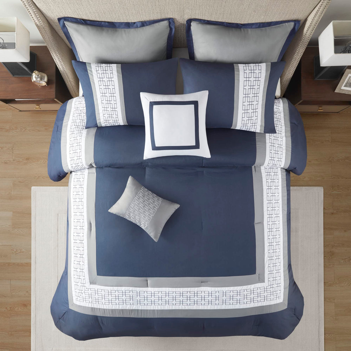 Powell Cozy Comforter Set, Hotel Style Border Design with Geometric Embroidery Details, All Season Bedding with