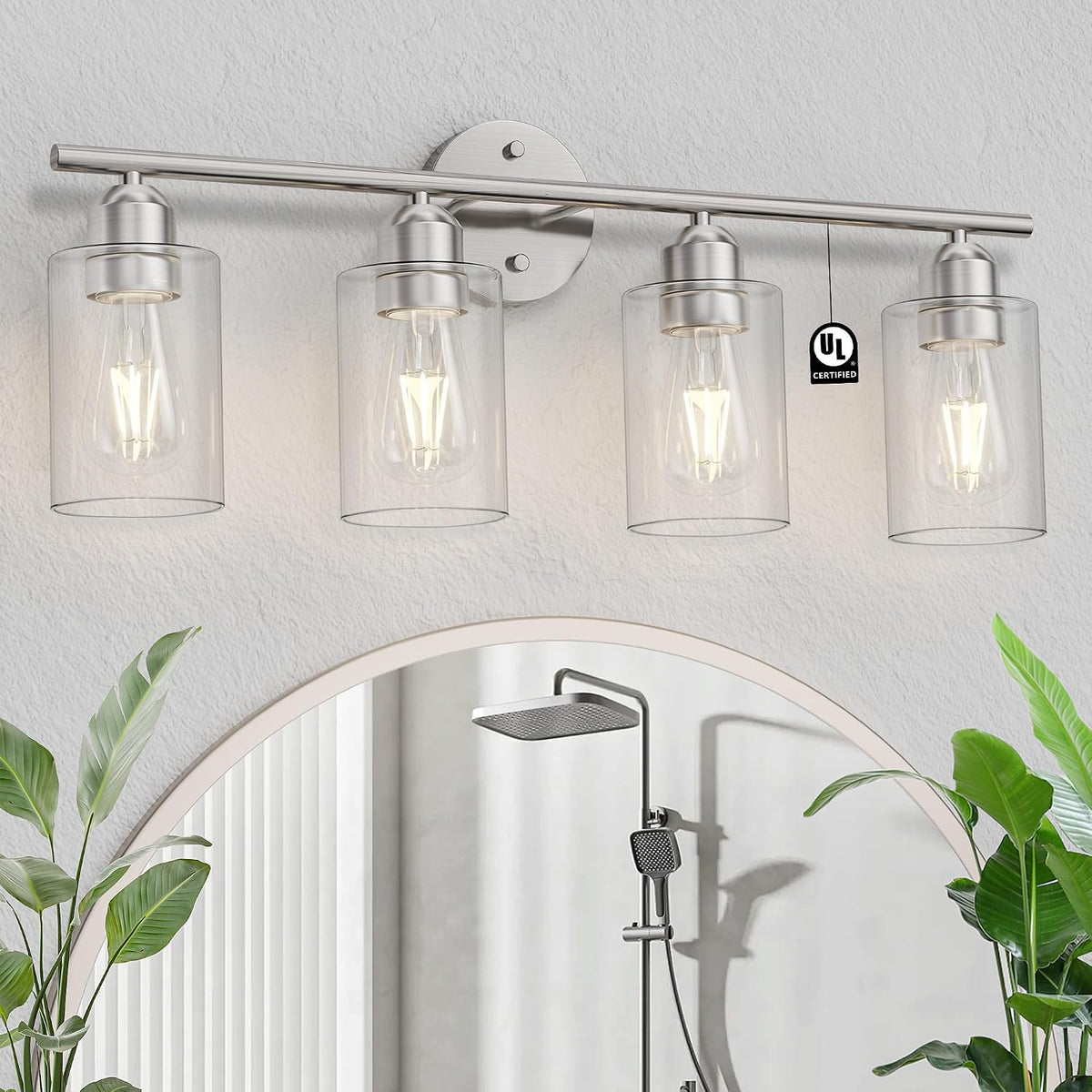 Bathroom Vanity Light Fixtures Brushed Nickel,4 Lights Rustic Farmhouse Vanity Bar Lighting Over Mirror Modern