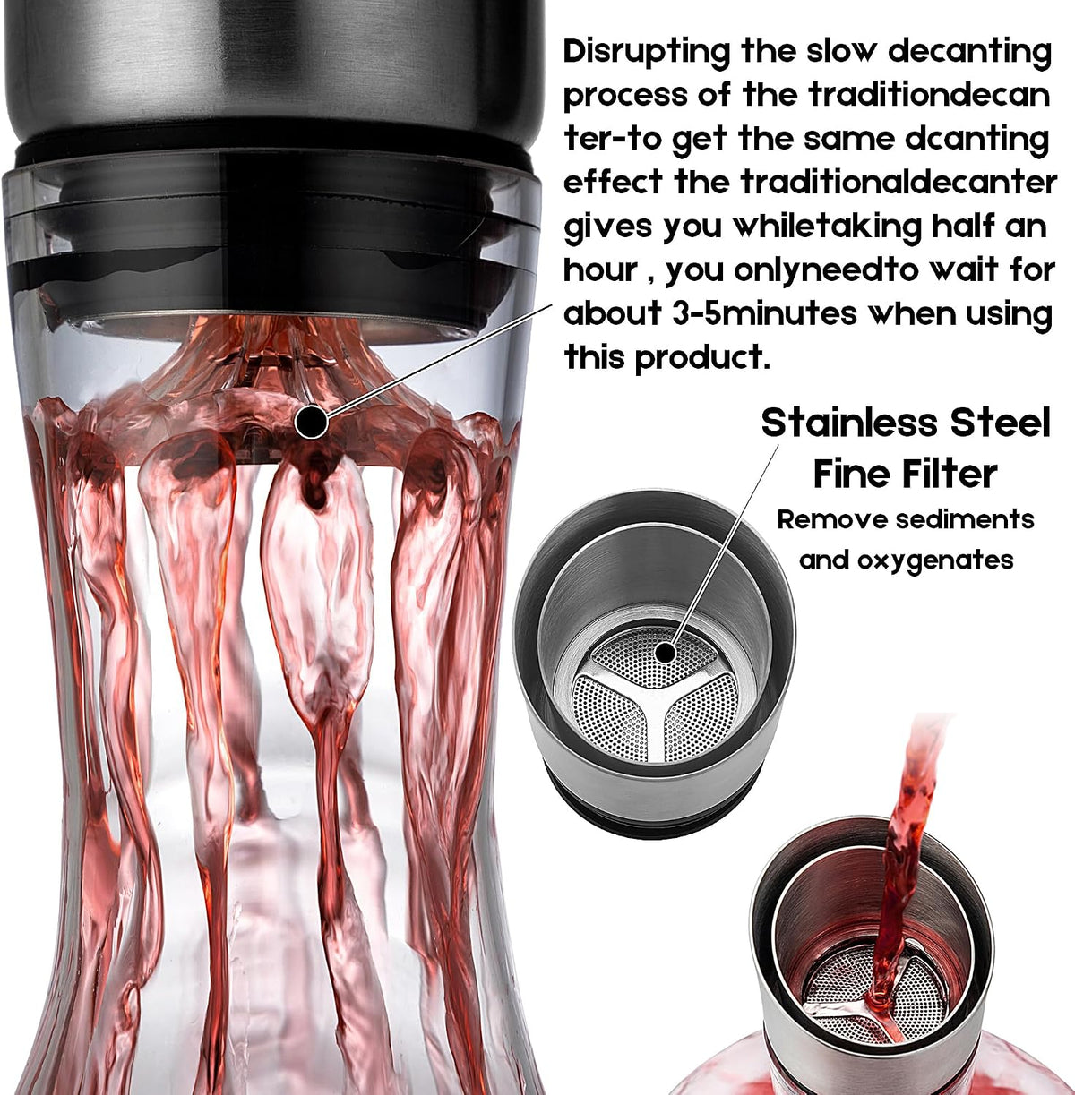 Wine Decanter,Red Wine Carafe,Decanter with Built-in Aerator Pourer, 100% Hand Blown Lead-free Crystal Glass