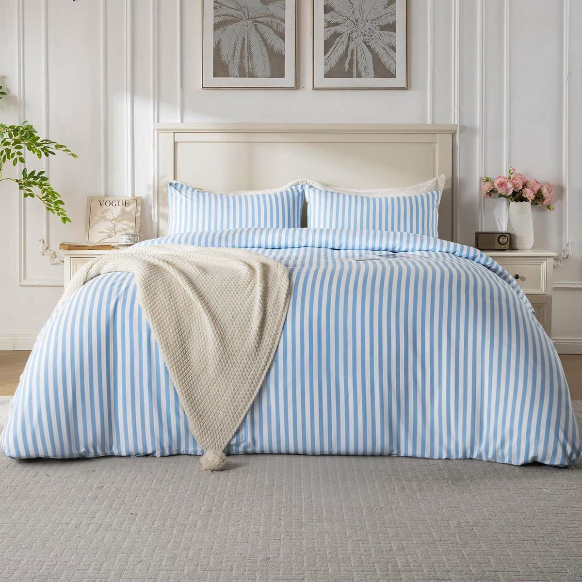 Duvet Cover Set, Blue Striped Comforter Cover with Button Closure, Breathable and Cooling, Includes 1 Duvet