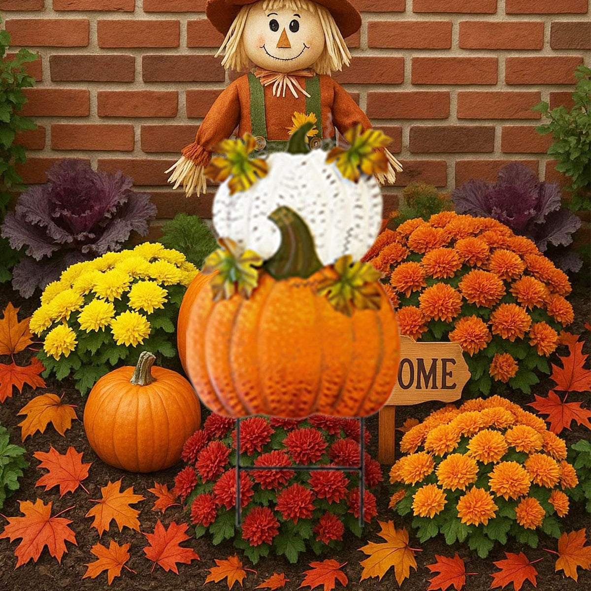 Metal Stacked Pumpkin Garden Stake, Outdoor Fall Yard Decor with Double Pumpkins, Rustic Metal Pumpkin Decoration for