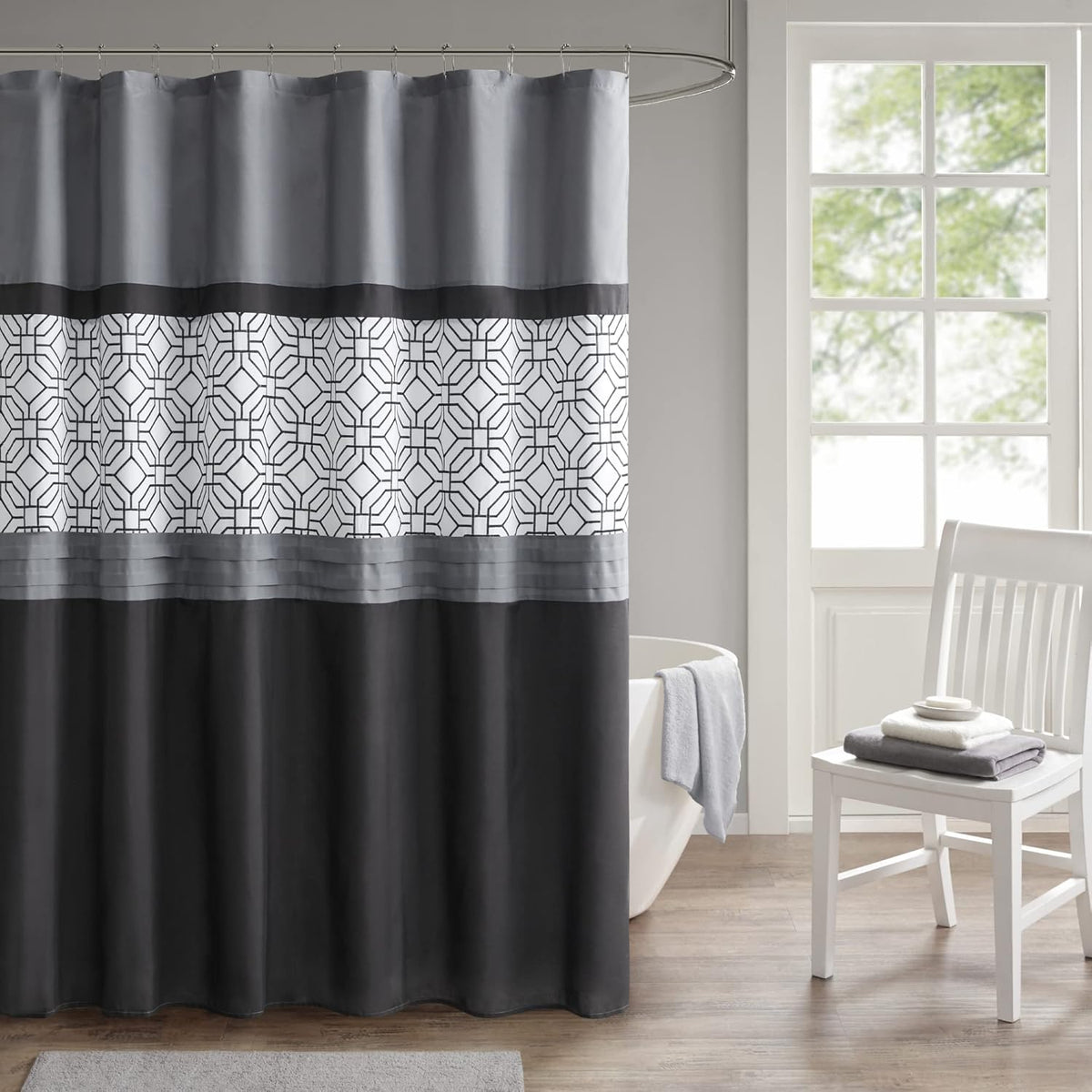 Donnell Shower Curtain , 72 x 72, Black/Gray | Microfiber, Adds Privacy, Machine Washable, Geometric Pattern