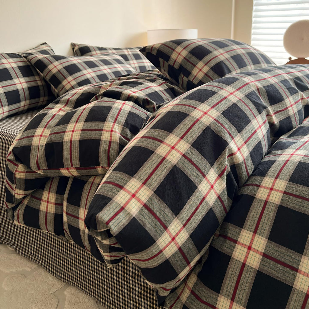 Black Buffalo Plaid Duvet Cover 100% Washed Cotton Green Red Gingham Duvet Cover Vintage Checkered Duvet