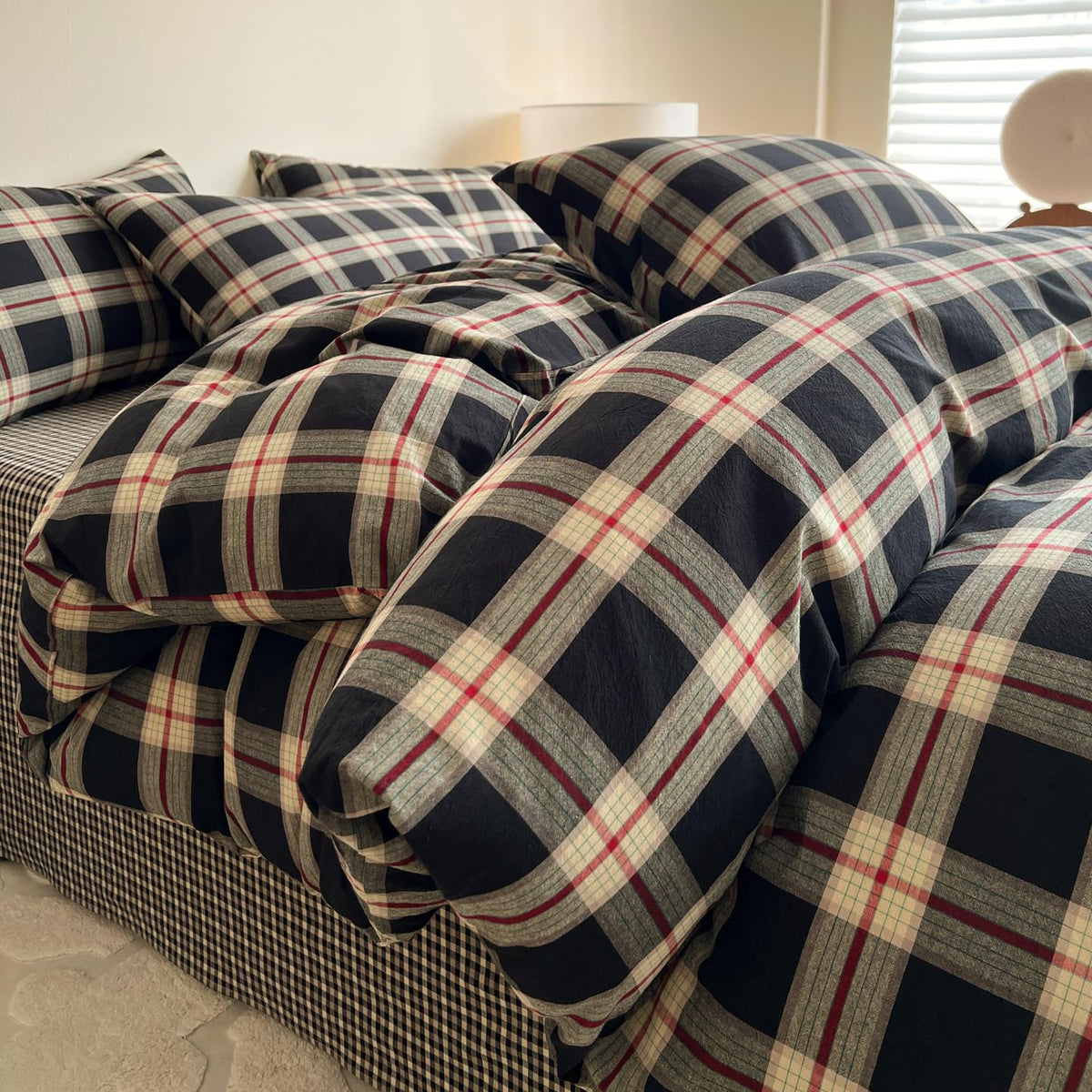 Black Buffalo Plaid Duvet Cover 100% Washed Cotton Green Red Gingham Duvet Cover Vintage Checkered Duvet