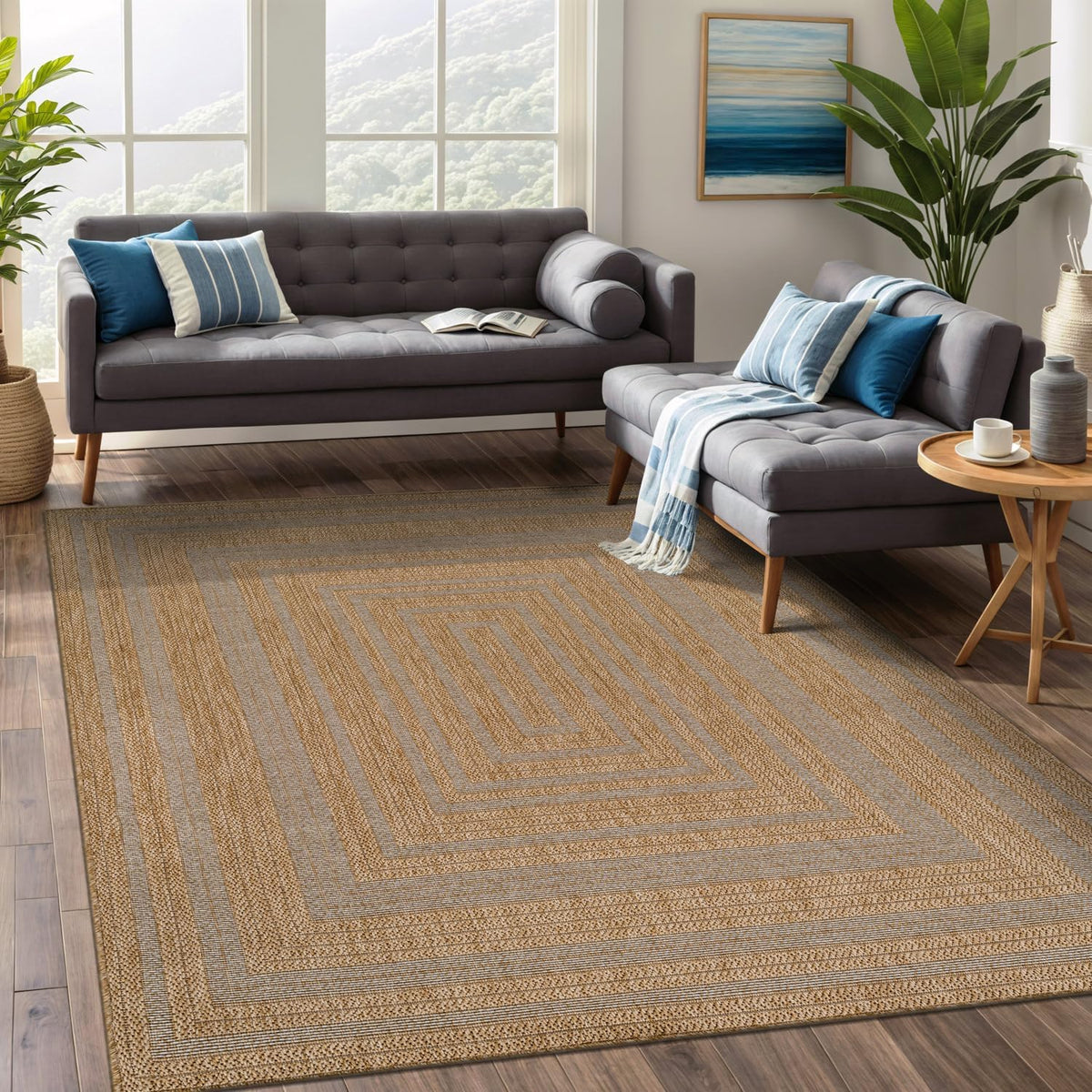 Easy Jute Framed Border Rug Washable Durable Indoor Outdoor Area Rugs for Living Dining Room Patio Office Stain
