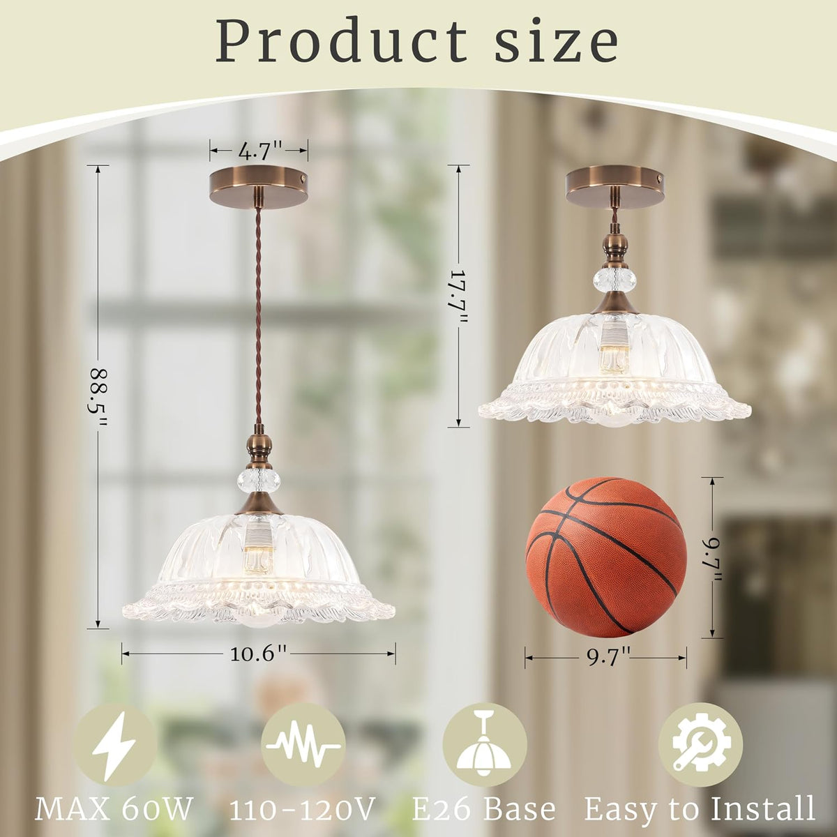 Vintage Pendant Light Fixtures for Kitchen Island Brass Gold 10.6" Glass Small Pendant Lights Adjustable Hanging