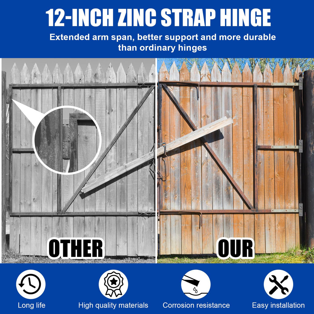 4 Pack 12" Strap Hinge Kit Heavy Duty Wall Mount Gate Hinge, Sliver