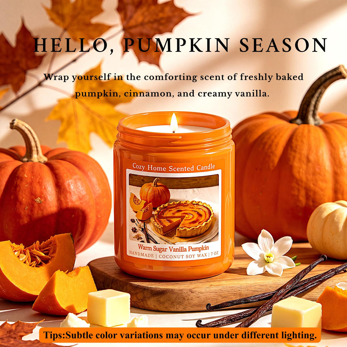 7OZ Warm Vanilla Pumpkin Fall Scented Candle, Natural Coconut Soy Wax Fall Candles with Mild Bakery Notes, Nostalgic