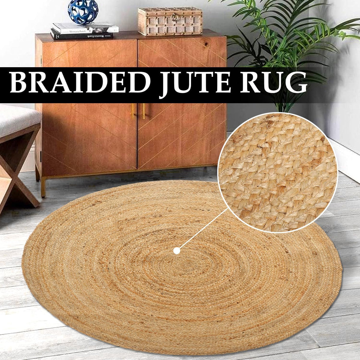 Hand Woven Jute Area Rug - Circle Boho Round Jute Rug 5 Foot | 5' Round - Rustic Beige Reversible Farmhouse Rugs