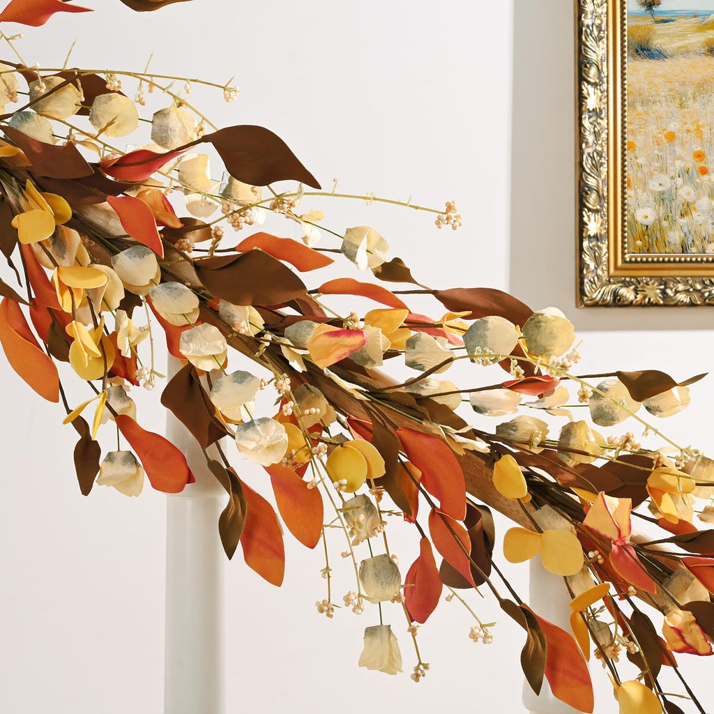 Fall Decor, 6FT Fall Garland with Lights Autumn Eucalyptus Leaves Lighted Garland Thanksgiving Harvest Festival