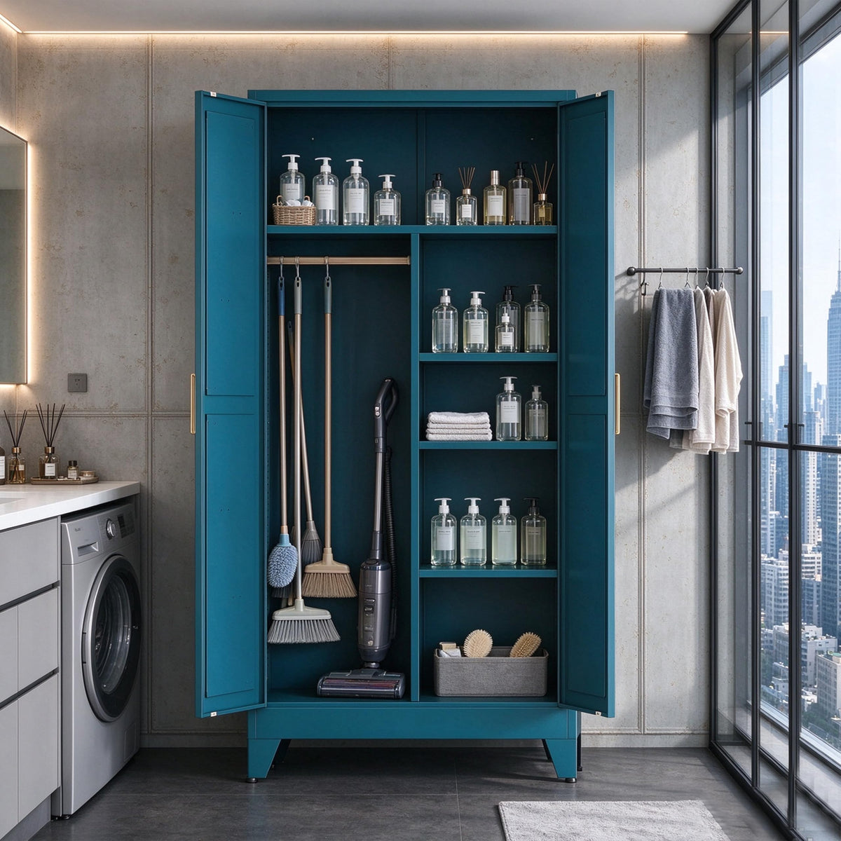 71" H Metal Garage Storage Cabinets,Broom Closet Storage Cabinet,Utility Cabinet,Blue Storage Cabinets