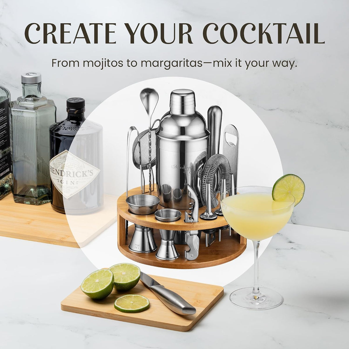 Bartender Kit - Cocktail Shaker Set with Bamboo Stand | Complete Cocktail Kit Gift Set | Top Bartender Gifts - Set of 15