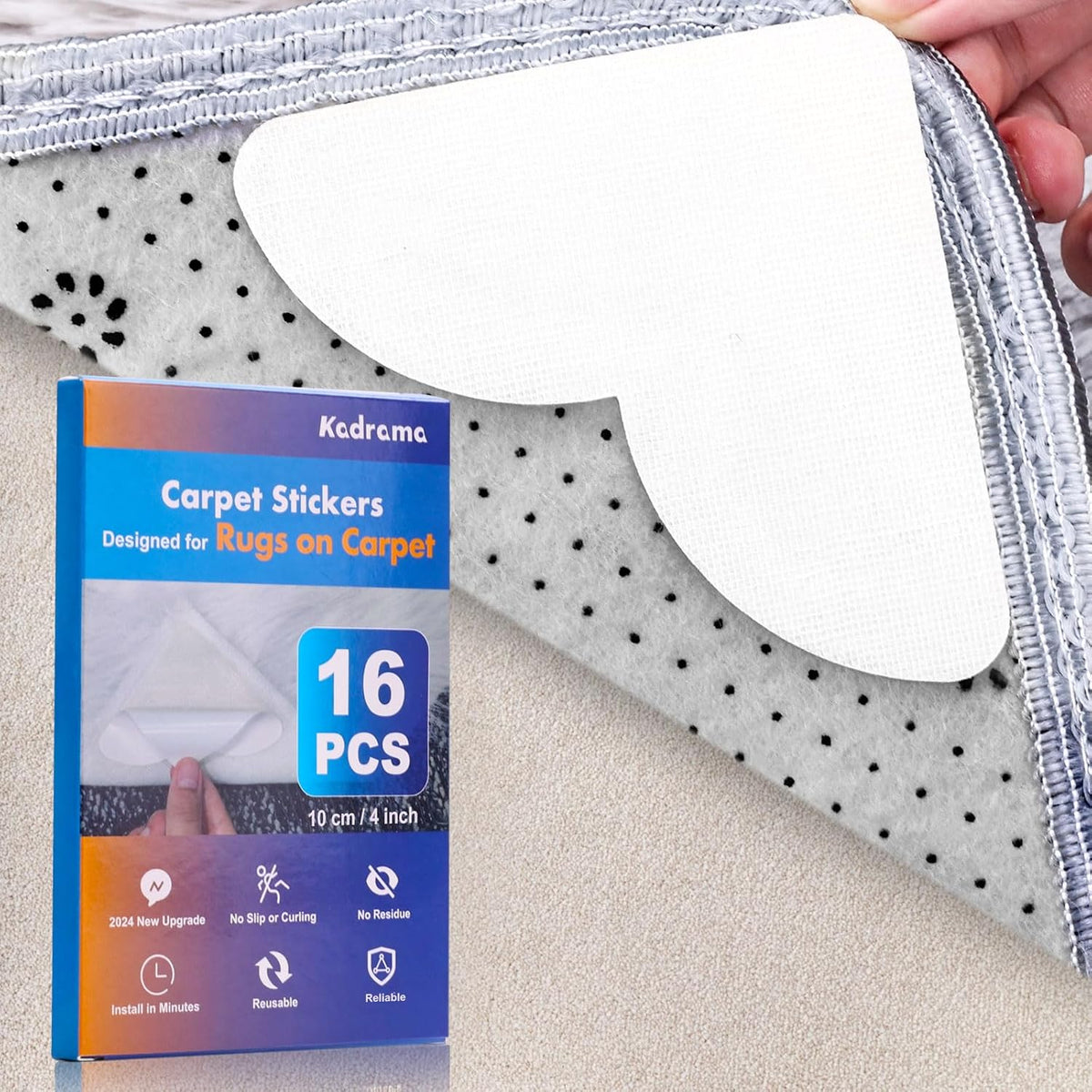 16-Pack Carpet-to-Carpet Rug Grippers | Cloth-Backed Heavy-Duty Anti-Slip Pads | Secure Rugs Over Carpets, Tiles - Set of 16