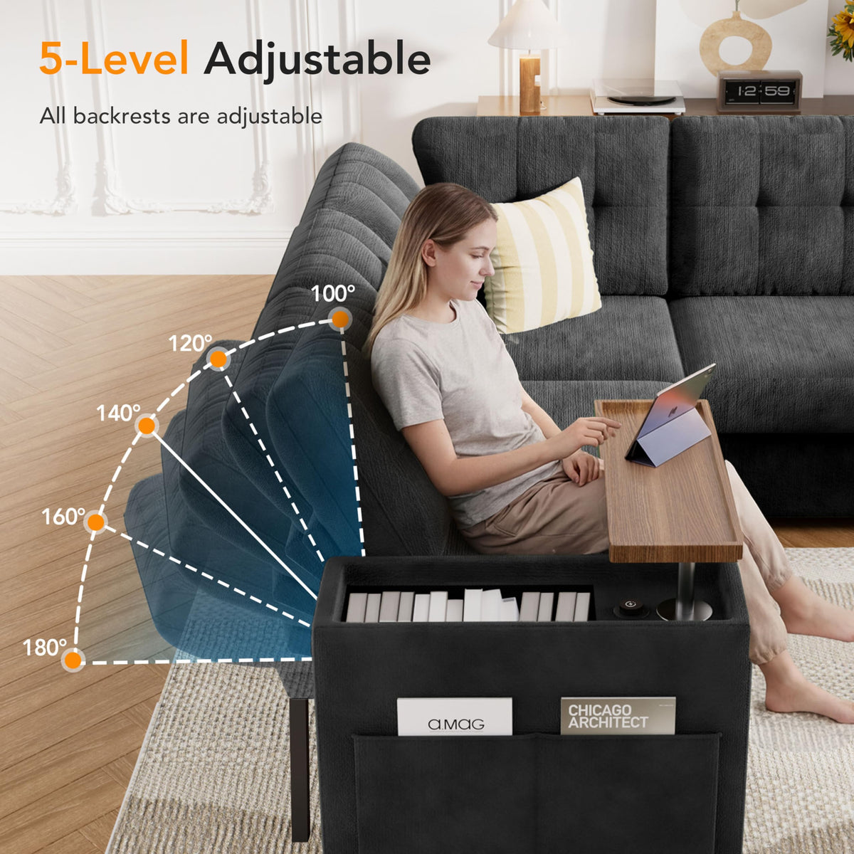 8 Seat Modular Sectional Sleeper Sofa with Pull Out Bed, U-Shaped Couch with Reclining Backrest, Lift Top Storage