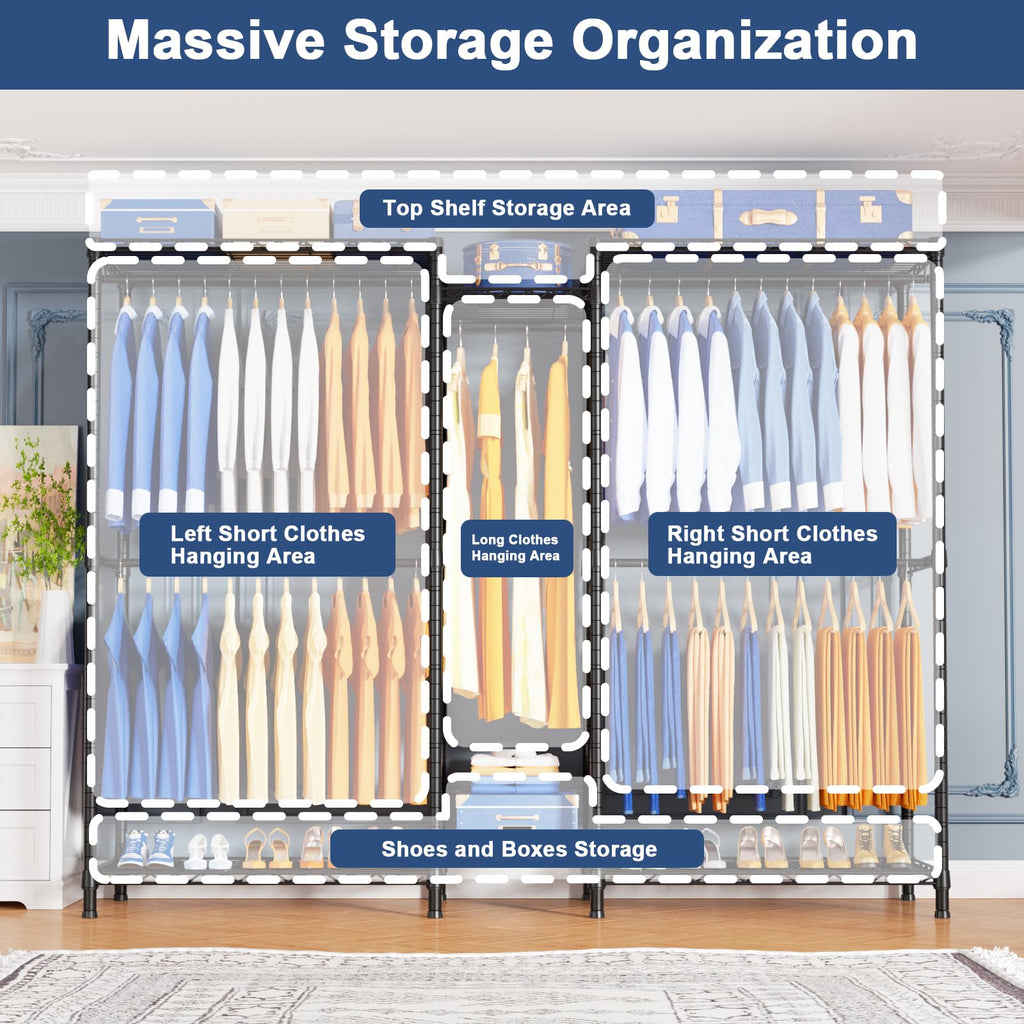 E12 Pro Clothes Rack,Heavy Duty Freestanding Garment Rack with Shelves,Metal Clothing Closet Storage System for