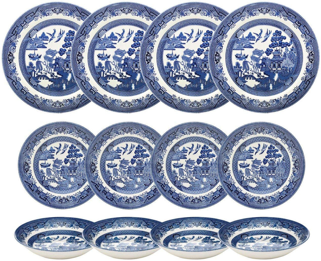 Blue Willow Dinner Plates, Salad Plates and Coupe Bowls 12 Piece Dinnerware Set, Made In England