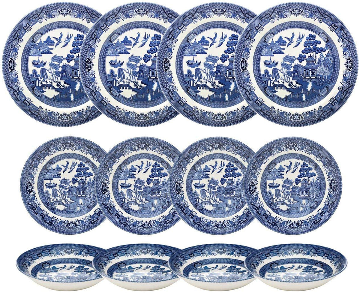 Blue Willow Dinner Plates, Salad Plates and Coupe Bowls 12 Piece Dinnerware Set, Made In England