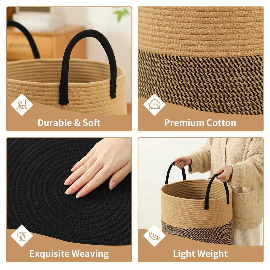 Basket Hamper Tall Rope Storage Woven for Blanket toys Dirty Clothes Bathroom Bedroom (Jute Brown & Black