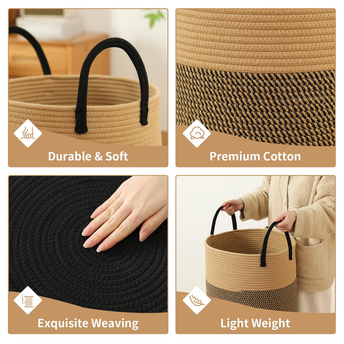 Basket Hamper Tall Rope Storage Woven for Blanket toys Dirty Clothes Bathroom Bedroom (Jute Brown & Black
