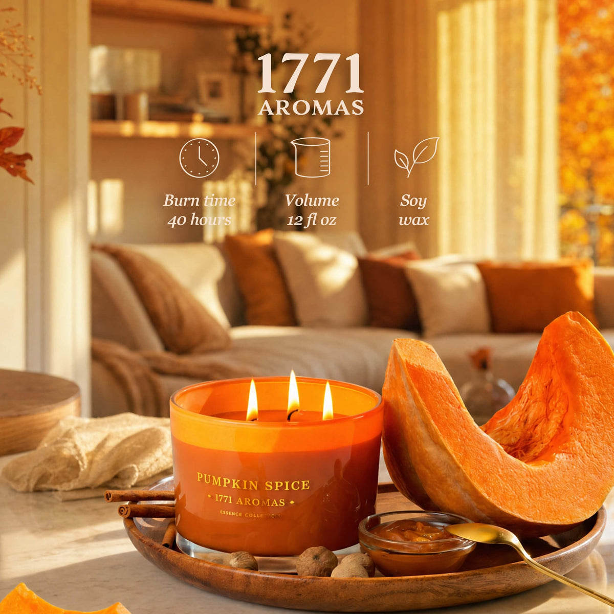 Pumpkin Spice Scented Candle - Aromatherapy Fall Candles - 100% Natural Soy Wax - Large 3 Wick Jar - Up to 40 Hours