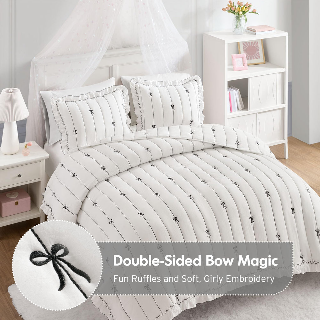 Bow Embroidered Ruffle Black Quilt Set, 3pc