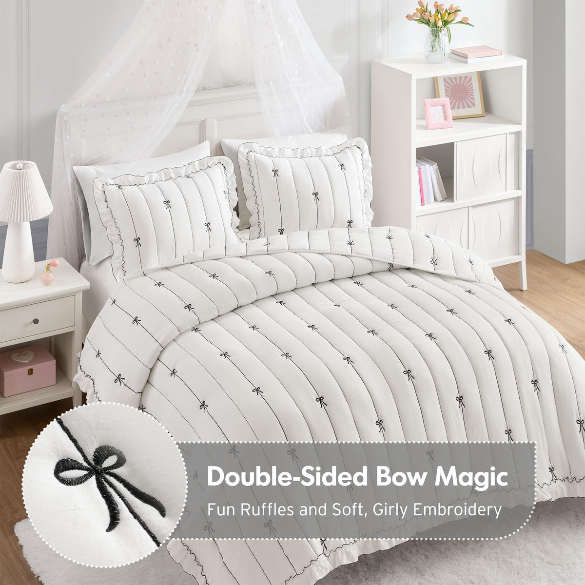 Bow Embroidered Ruffle Black Quilt Set, 3pc