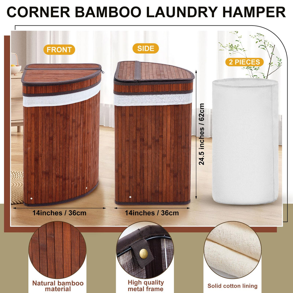 Corner Bamboo Laundry Hamper with Lid, Walnut, 14 x 14 x 25 Inch
