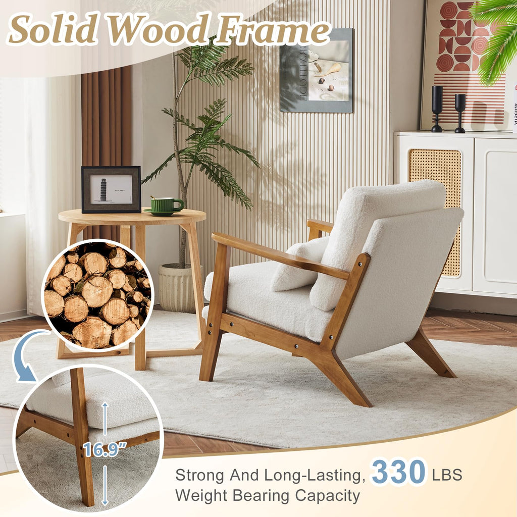 Solid Wood Wide Armrests Accent Chair Set of 2, Upholstered Mid Century Modern Chair with Pillow, Farmhouse Arm Chair