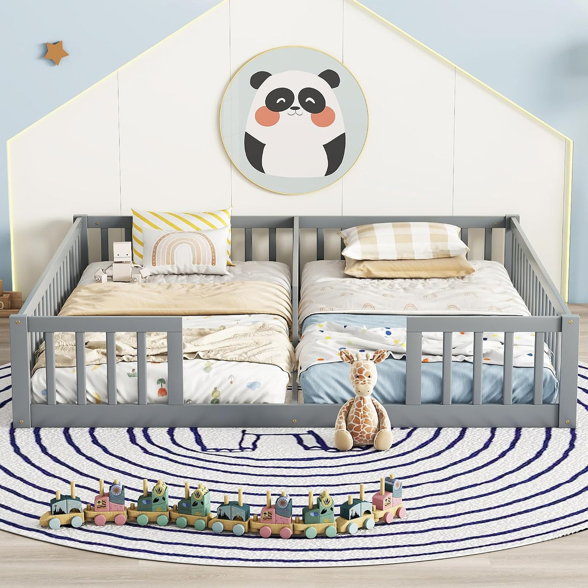 Double Floor Bed for Twins, Two Shared Beds, Floor Bed for 2 Kids, Double Bed with Guardrails for