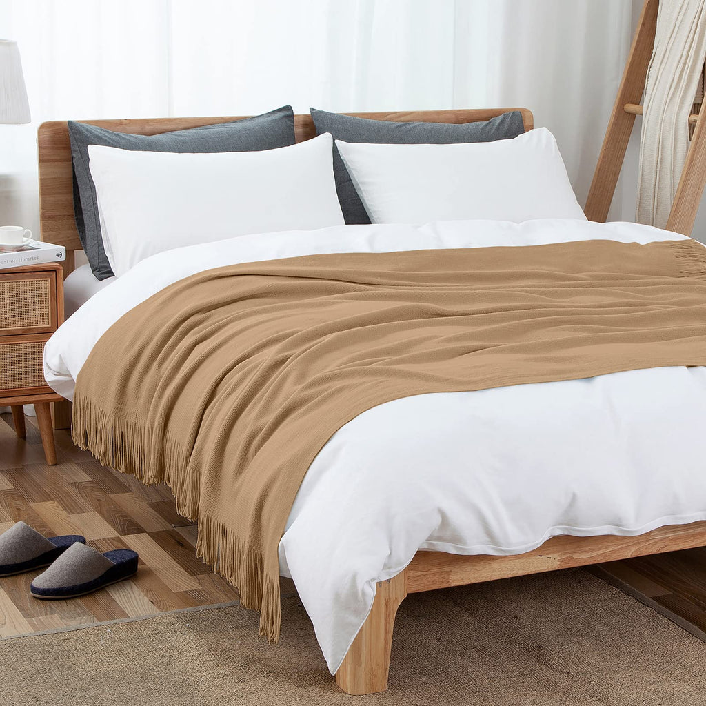 Light Brown Knitted Blanket with Tassels Fringe 50" x 60"