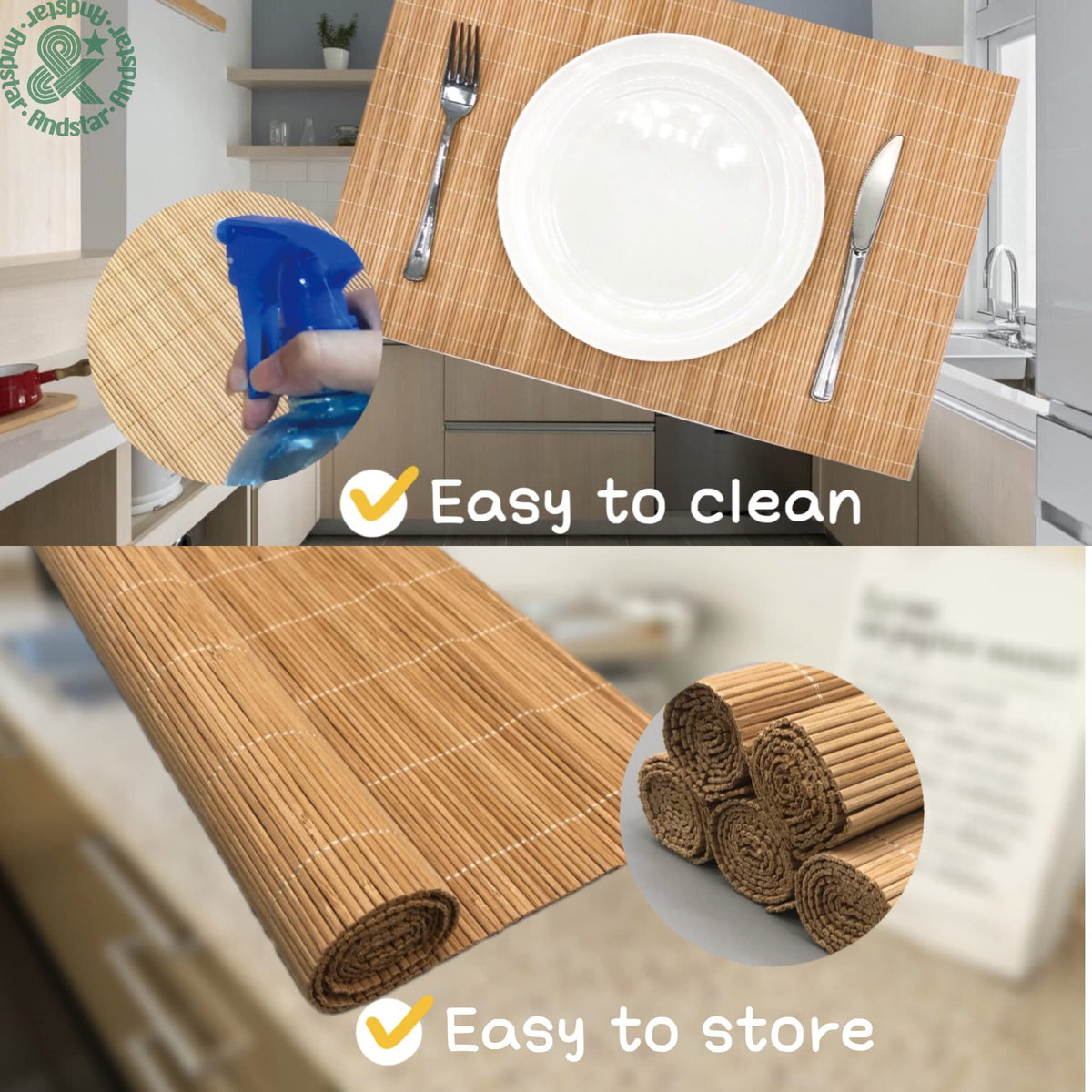 Set of 8 Pcs Bamboo Placemats Sushi Rolling Mat Japanese Style Natural Anti-Slip, Washable Heat-Resistant Table Mats