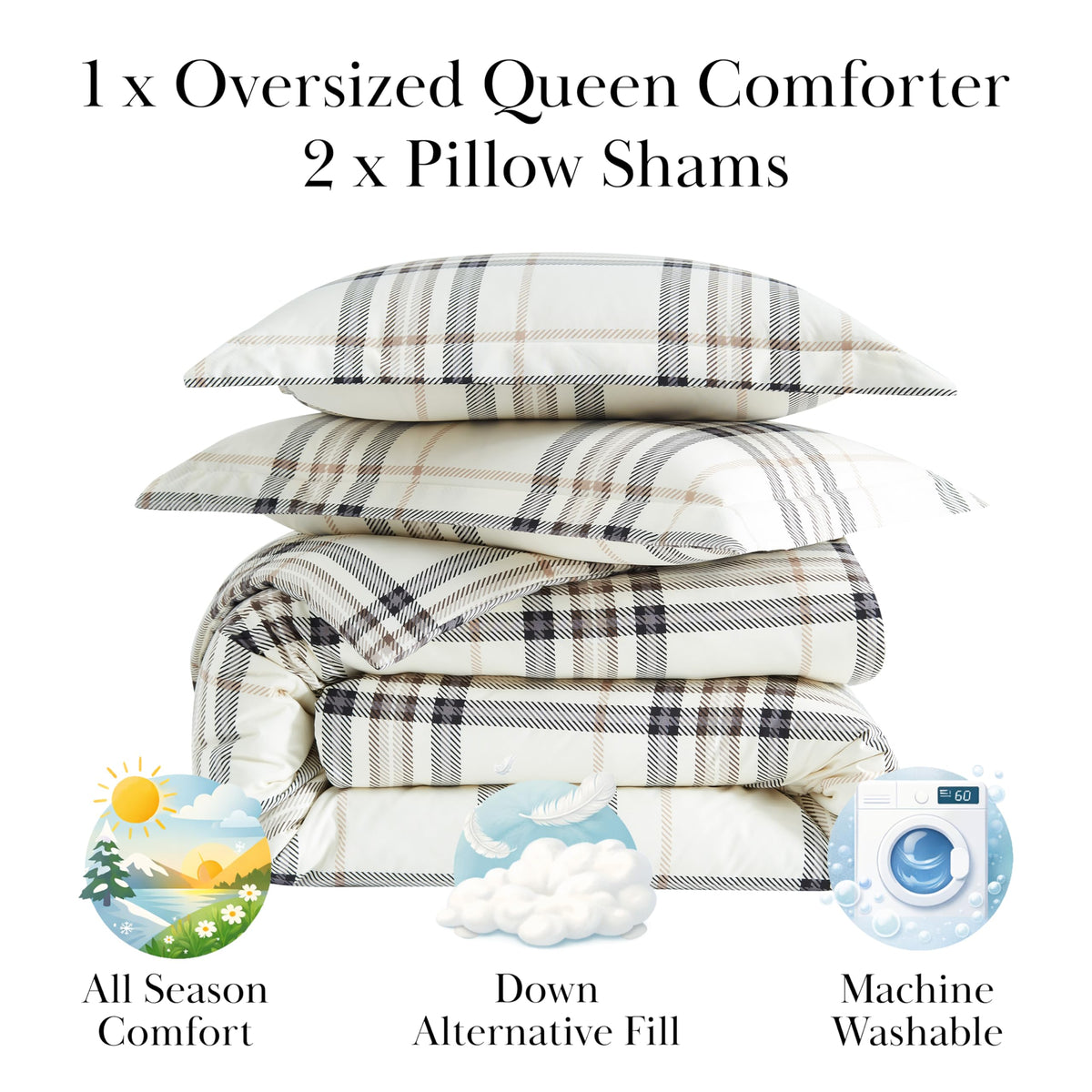 3 Piece Comforter Set w/ Shams, Tofu Cream Bedding Plaid