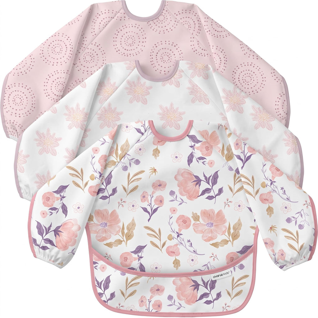 3 Pack Long Sleeve baby Bibs for Eating, Waterproof Smock Bib