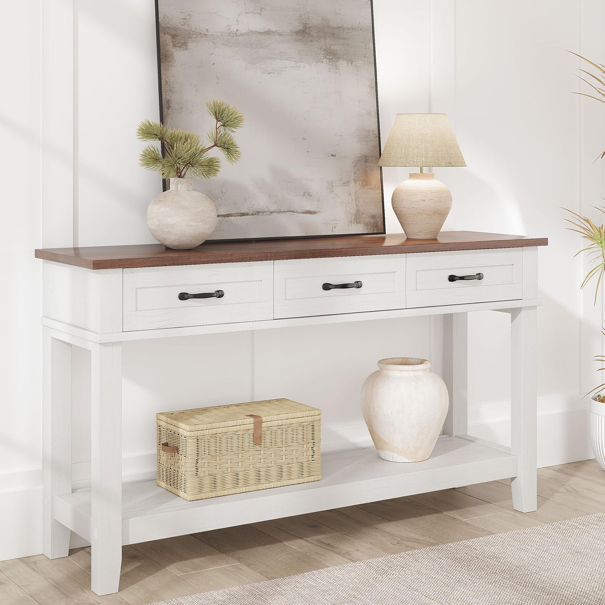 3 Drawers Entryway Table, Farmhouse Wooden Console Table