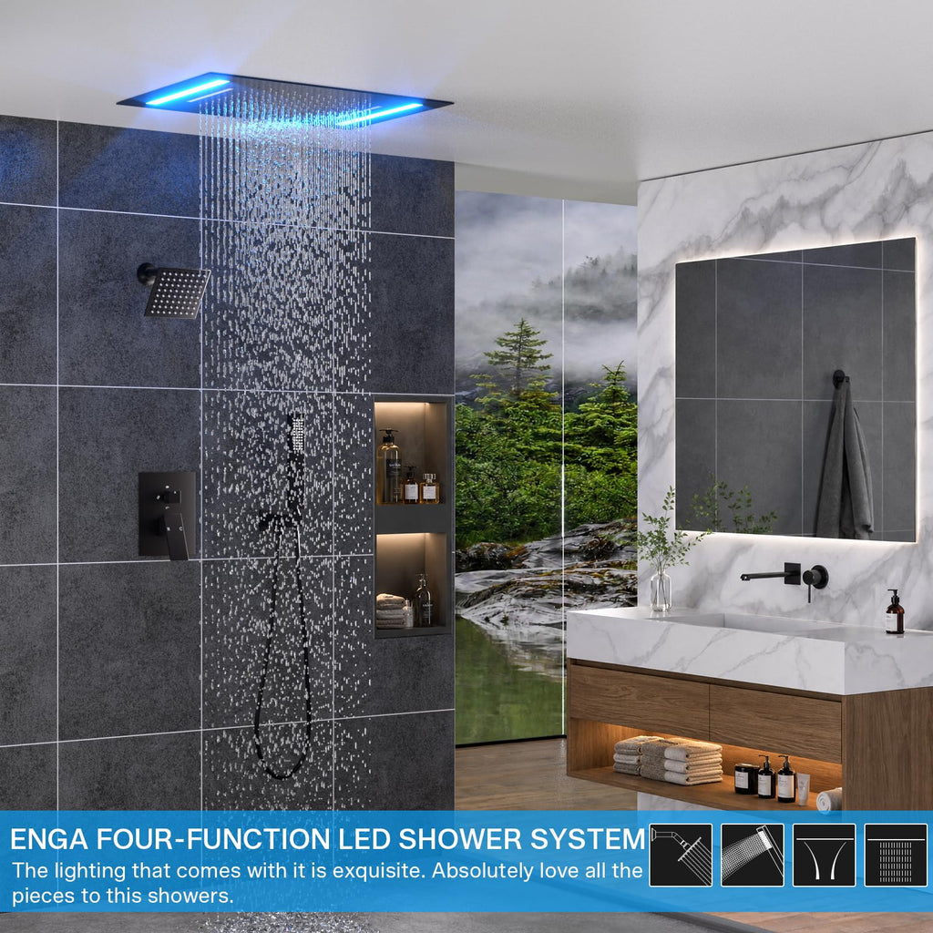 Dual Rain Shower Head System, 2 In 1 Functions Ceiling Mount 14x20inch LED Shower Head with 6 Inch Shower Head