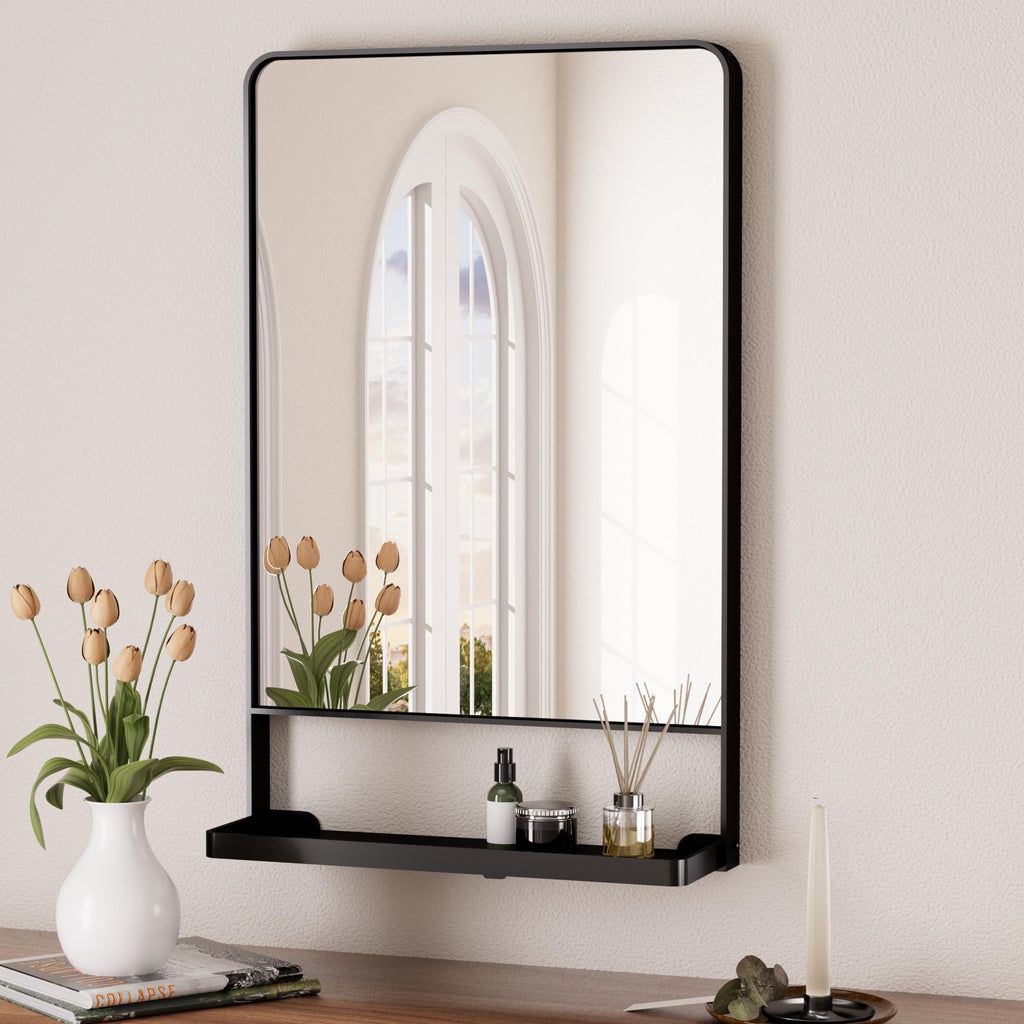 18 x 28 Inch Black Bathroom Mirror with Shelf, Rust-Resistant