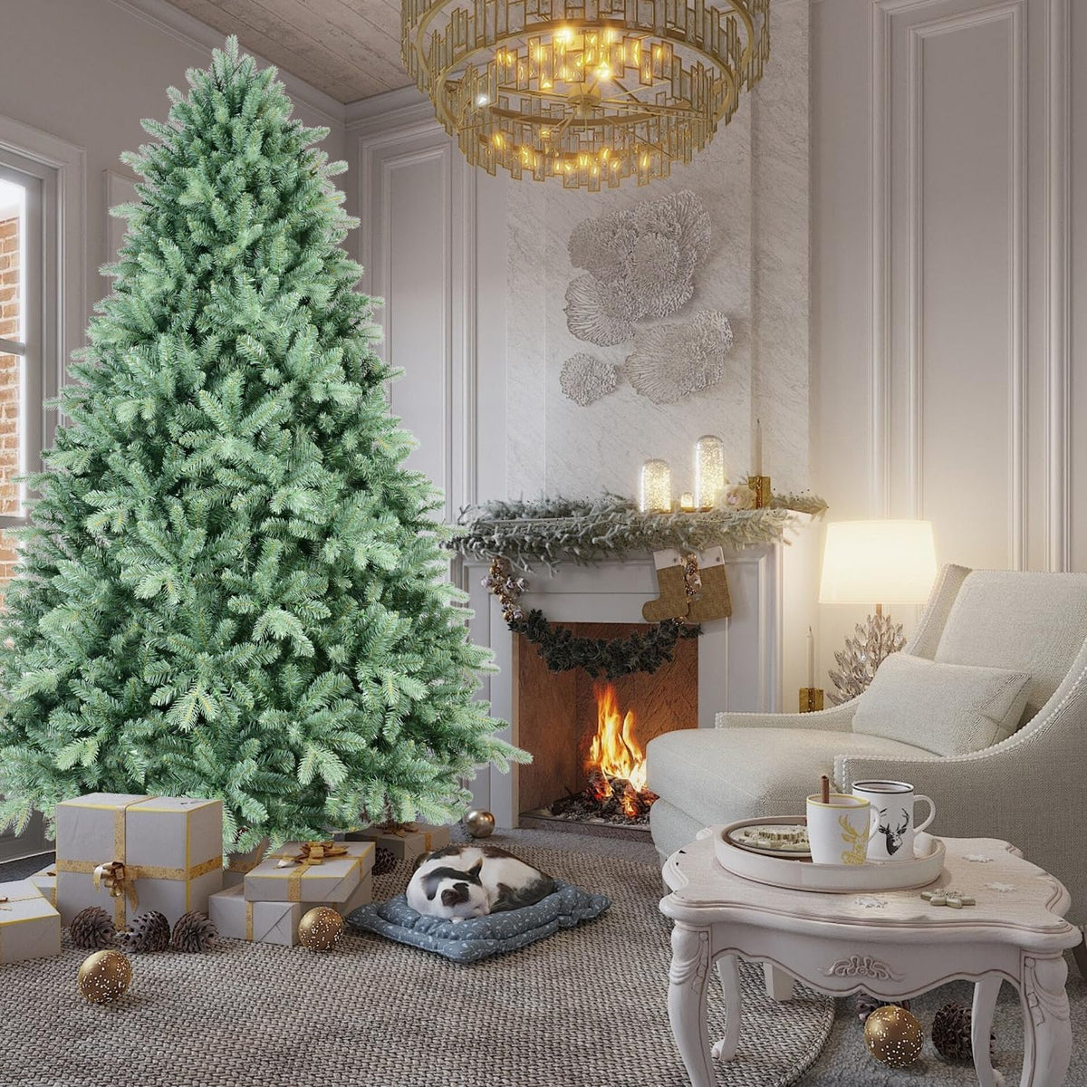 Blue Spruce Artificial Christmas Tree, Premium Xmas Tree w/ 3308 PE+PVC Mixed Branch Tips, Full Unlit Hinged