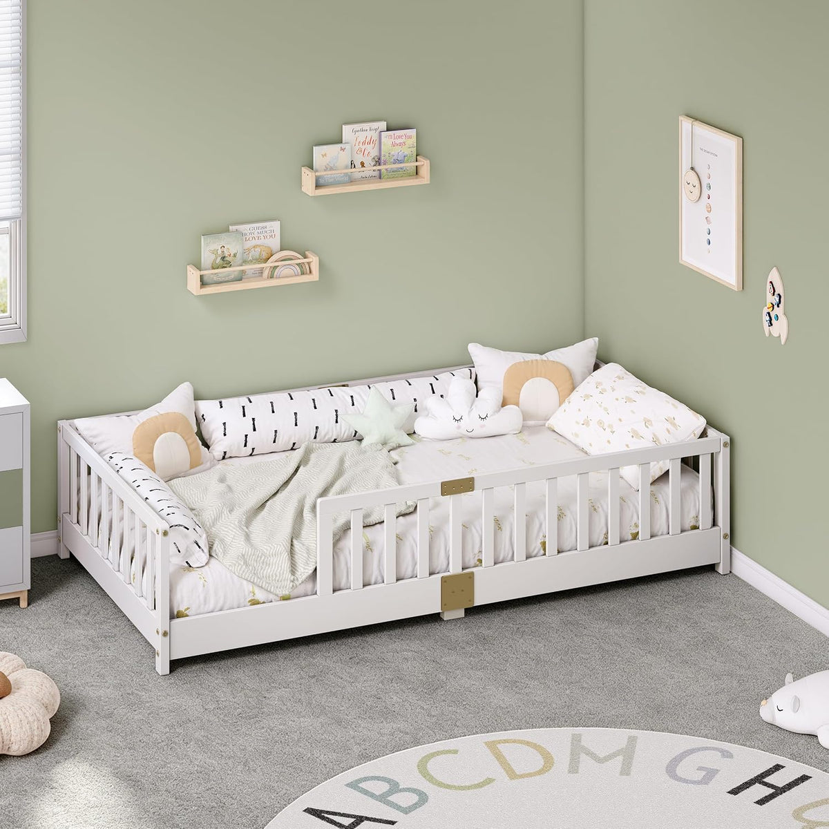 Twin Montessori Floor Bed with Rails | Solid Wood White Floor Bed Frame for Kids, Montessori Bed with Slats, No Box