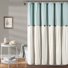 Linen Button Single 72" W x 78" L Blue & White - Extra Long Shower Curtains - Blue Fabric - Farmhouse Bathroom Decor