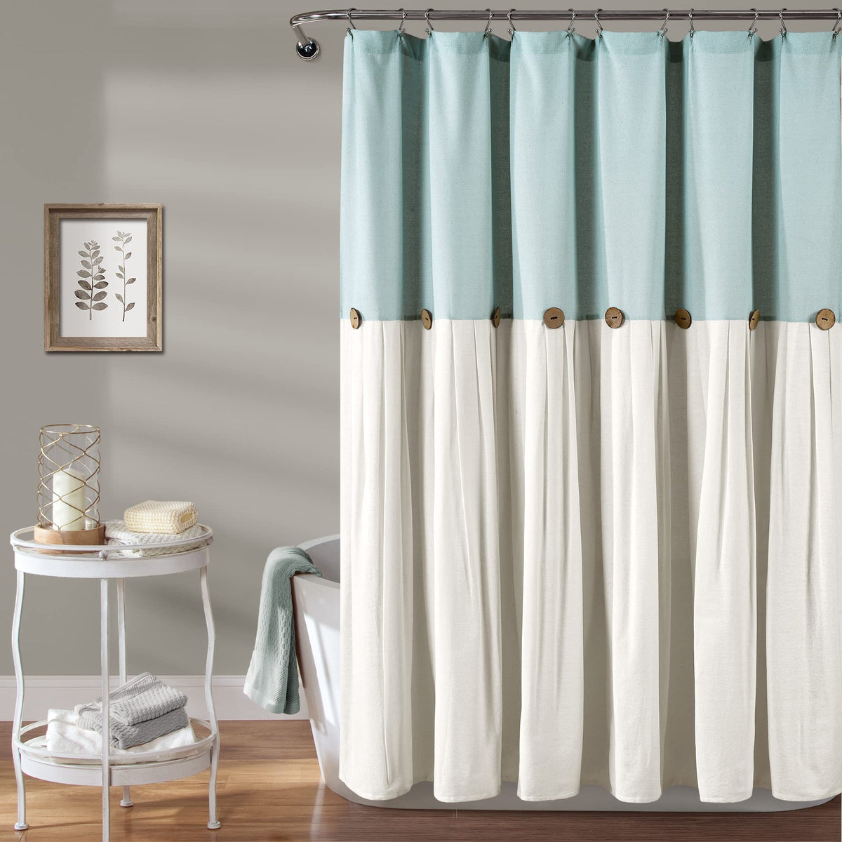 Linen Button Single 72" W x 78" L Blue & White - Extra Long Shower Curtains - Blue Fabric - Farmhouse Bathroom Decor
