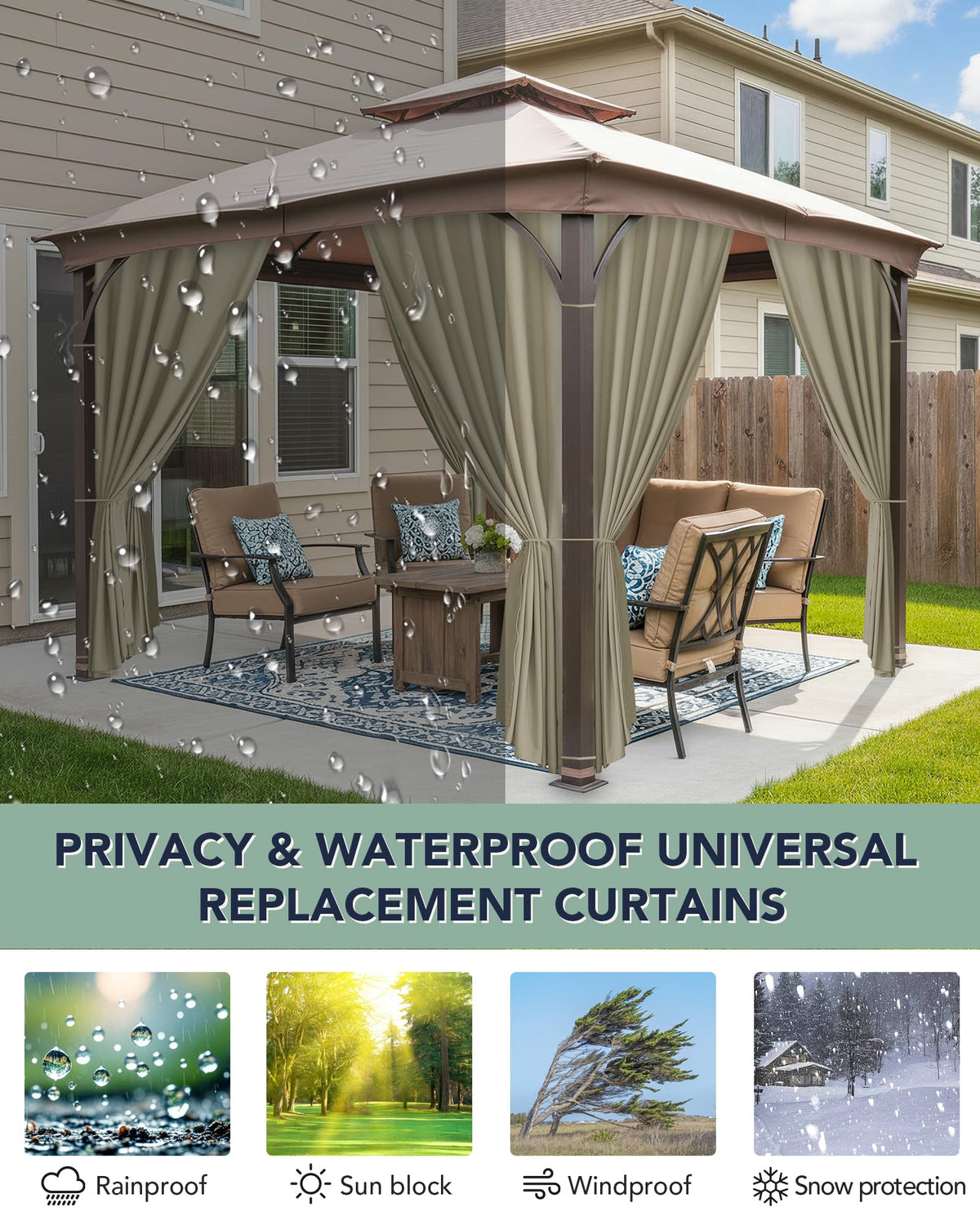 Patio Curtains Outdoor Waterproof with Zipper, 4-Panel, Taupe