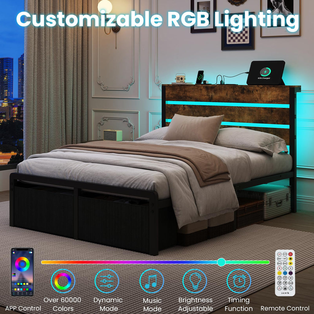 Bed Frame with Charging Station & LED Lights, Vintage Brown