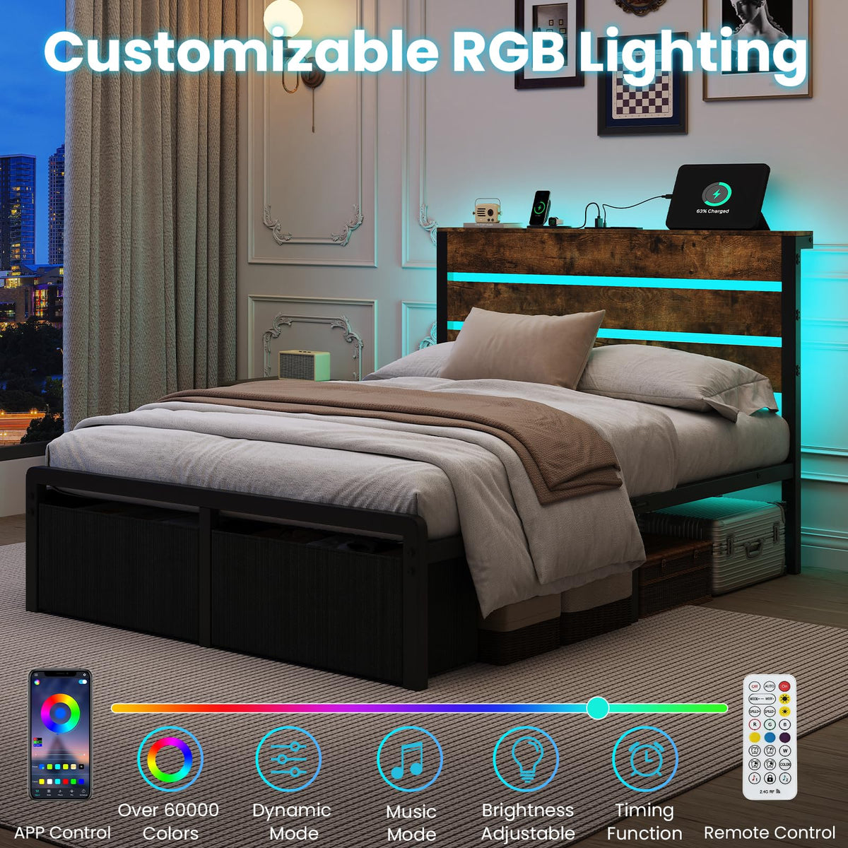 Bed Frame with Charging Station & LED Lights, Vintage Brown