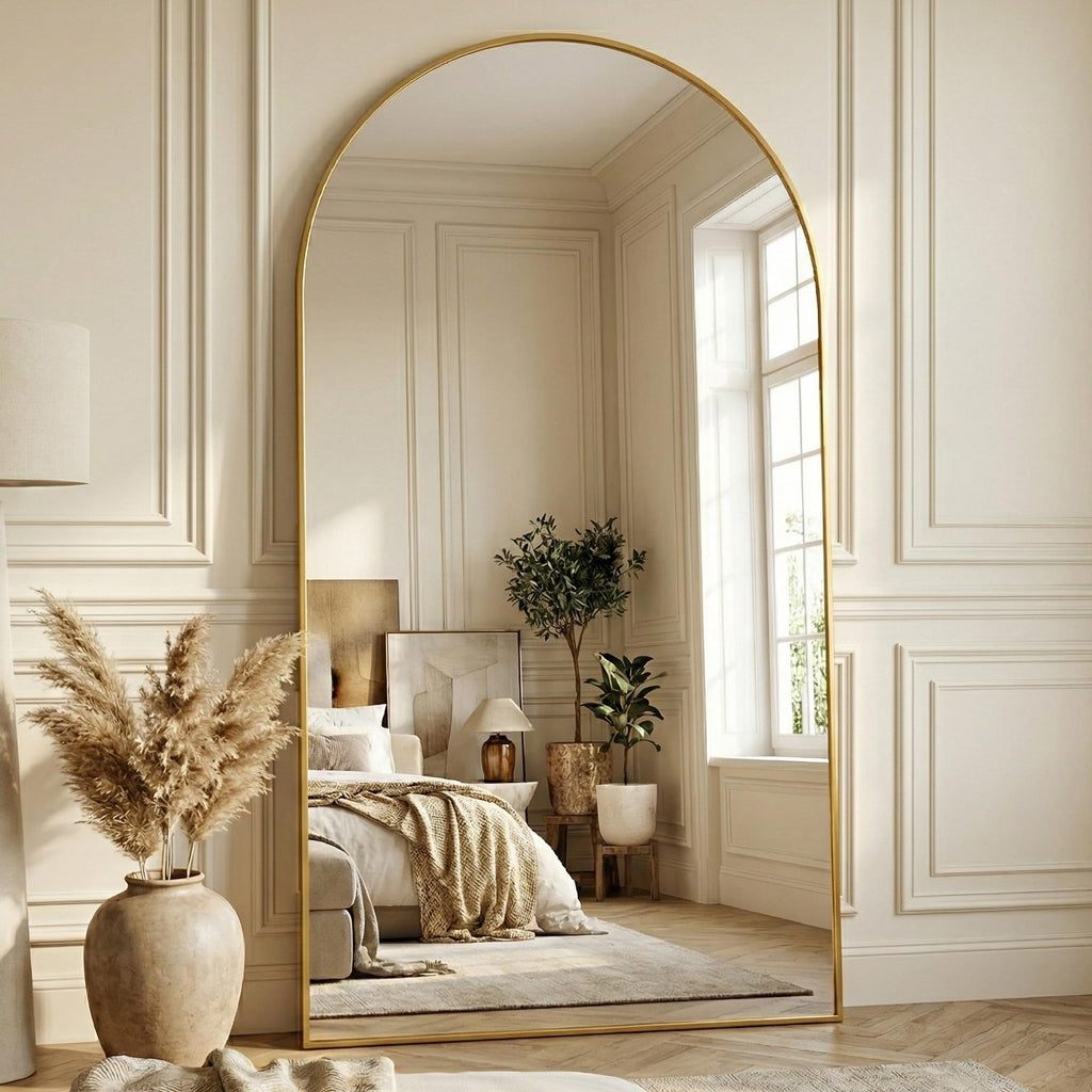 76"x44" Arched Full Length Mirror with Stand, Full Body Mirror with Aluminum Frame